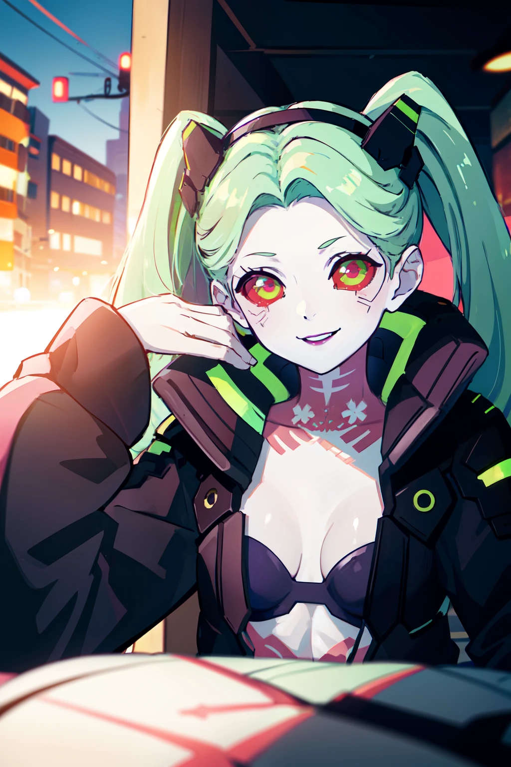 absurdres, highres, ultra detailed, rebecca, , solo, green hair, red sclera, pink tattoo, purple lips, twintails, hairband, headgear, black jacket, open clothes, black bra, upper body, looking at viewer, smile, sitting, chair, outdoors, city, night