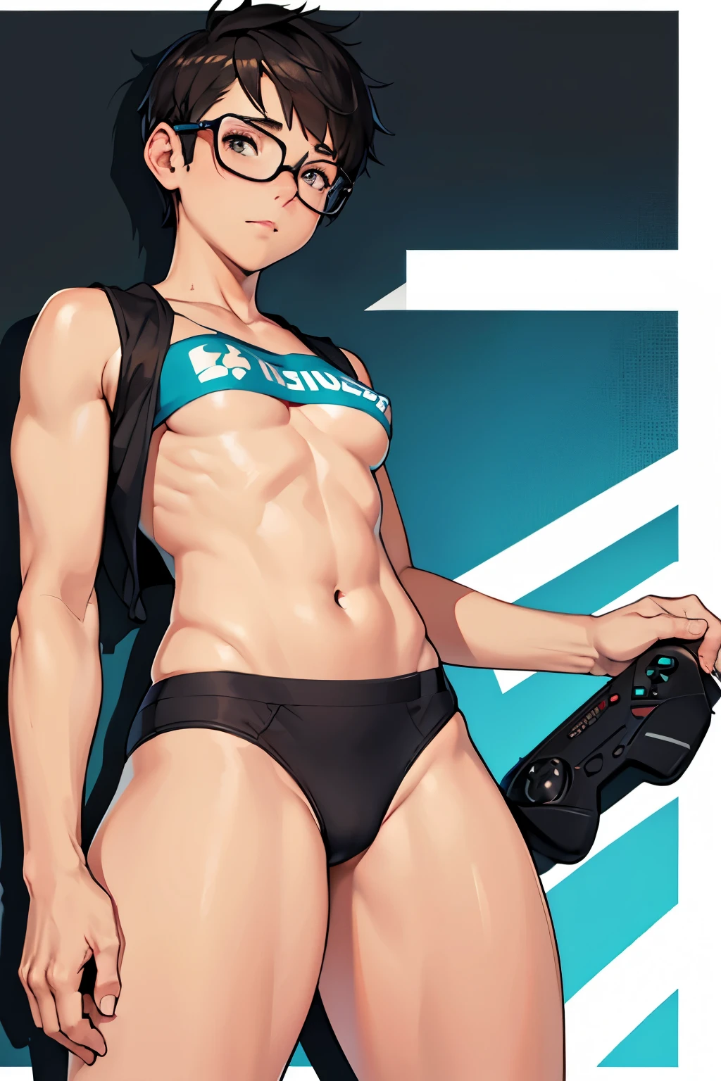 1 girl, tomboy, gamer, short hair, (huge thighs), (big ass), nerd, ((Flat-chested)), ((small breasts)), nerd clothes