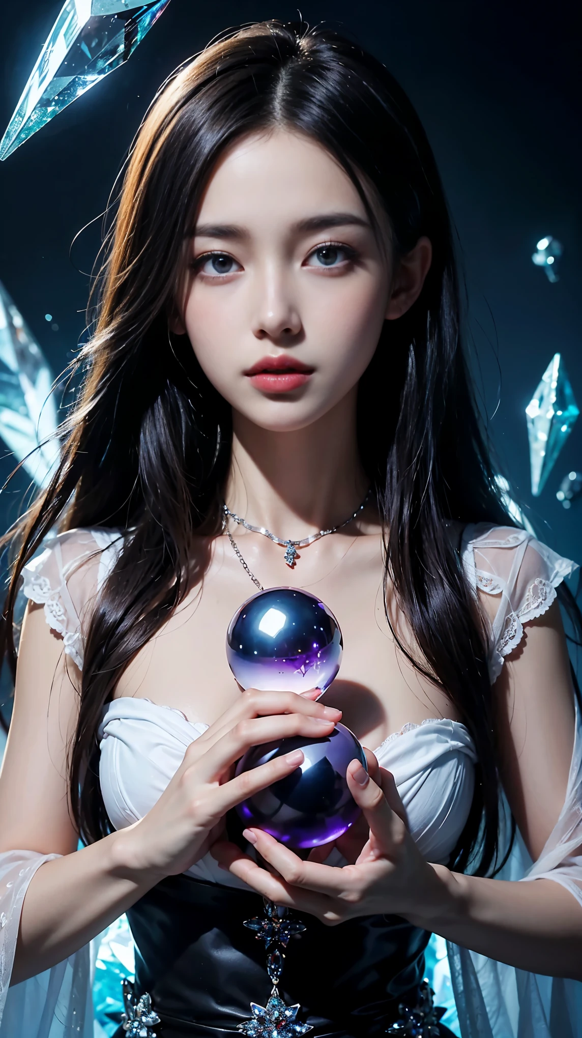 （And soul）（Secondary elements）1 girl、Blue Hair、Hair length、blue eyes、Gradient Eye、Sparkling eyes、Bright Eyes、Finely tuned、Expressive eyes、Blue clothes、gem、blue lighting、Blue Theme、（shape：1.5）、Abstract、highest quality、Very detailed、(((Have a crystal ball)))、8k,超Realistic,(Tabletop, highest quality) Daniela Dimitrescu, 1 female, looking for at Viewer, Open your mouth, background, Cleavage, real skin,jewelry, Small to medium breasts,  looking for, Upper Body, flower, wing, Food, necklace, Cape, good, Compensate, bug, lipstick, Inside the Black Cave, Precious stones, Pale skin, Veil, Food up, Realistic, Black Lips,超A high resolution,Purple Flame(Purple Effect)