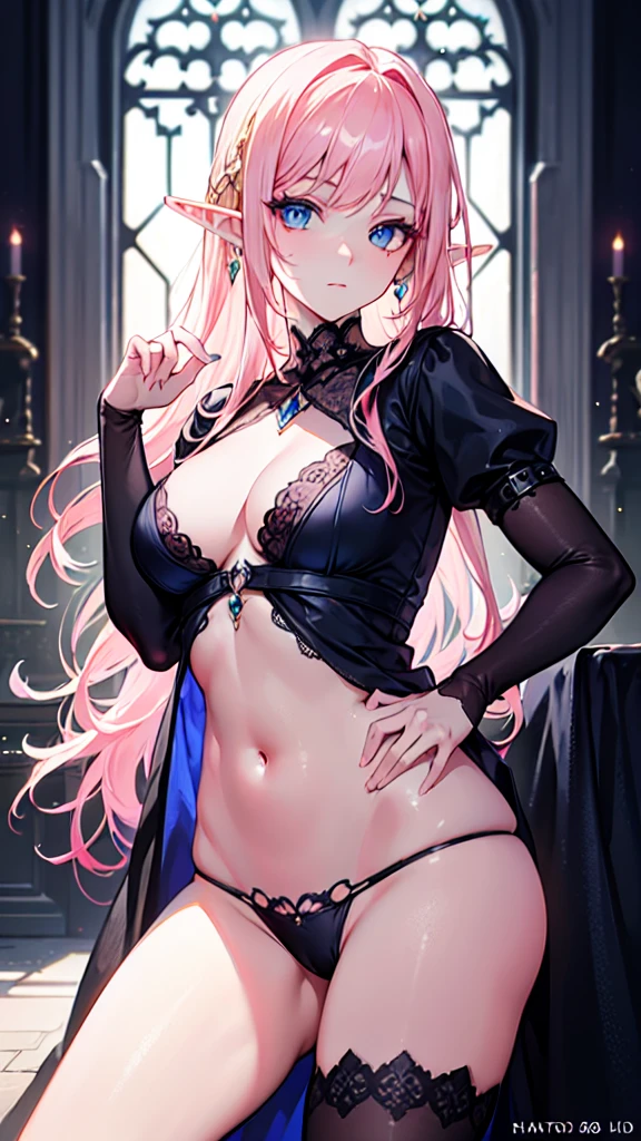 RAW, professional photograph, medium shot, photorealistic, hyper-realistic, ray tracing, super detail, UHD, 8k, female elf, twenty years old, goddess, gold jewelry, athletic body, soft facial features, long hair, straight hair, light pink hair, blue eyes, gothic style, dark Castle, gothic architecture