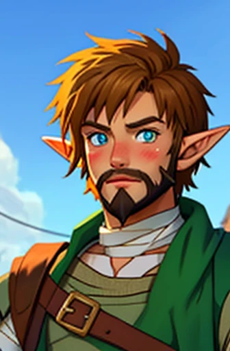 Link Elf Male Adult , Small Beard , Brown hair, blue pupils , medieval times Clothing , Bandage ,