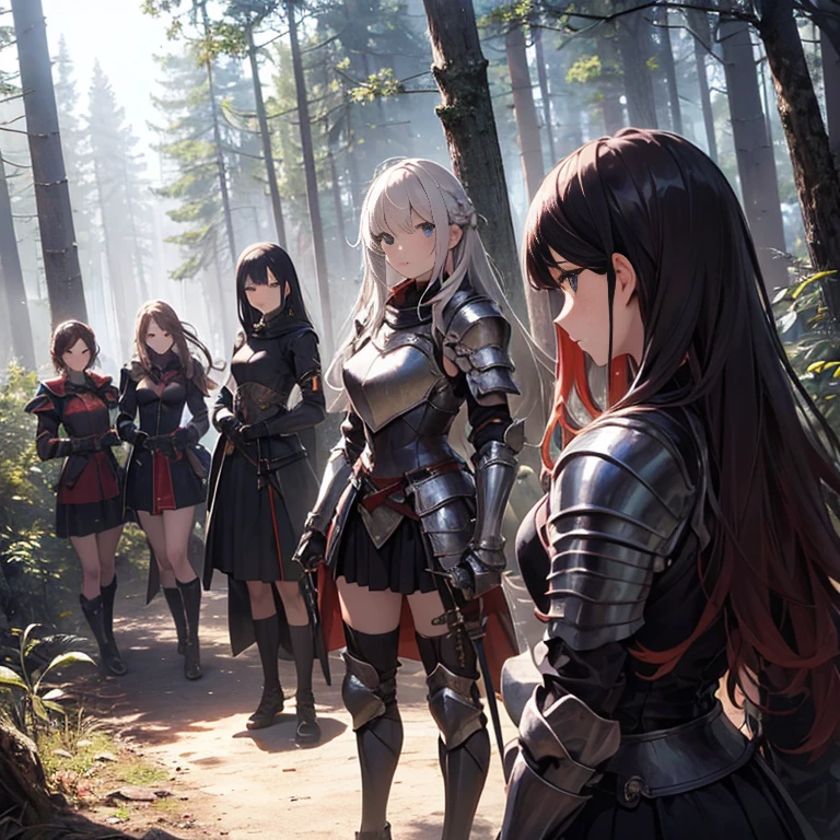 A group of  female knights, (in forest), various hair styles, harem, wearing armored clothes, metal armor, night, details face, short skirt, seducing, sword,