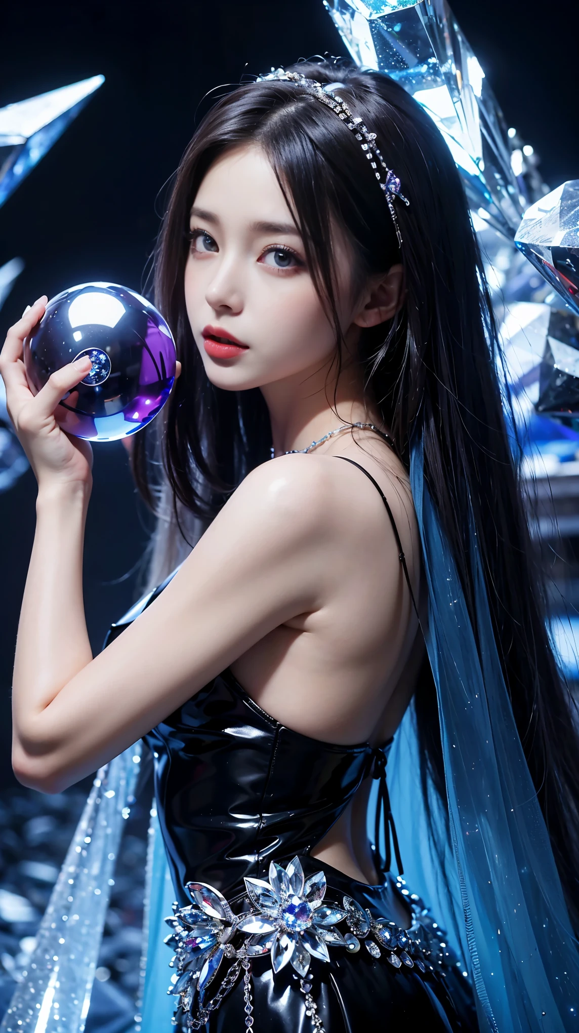 (And soul)(Secondary elements)1 girl、Blue Hair、Hair length、blue eyes、Gradient Eye、Sparkling eyes、Bright Eyes、Finely tuned、Expressive eyes、Blue clothes、gem、blue lighting、Blue Theme、(shape:1.5)、Abstract、highest quality、Very detailed、(((Have a crystal ball)))、8k,超Realistic,(Tabletop, highest quality) Daniela Dimitrescu, 1 female, looking for at Viewer, Open your mouth, background, Cleavage, real skin,jewelry, Small to medium breasts, looking for, Upper Body, flower, wing, Food, necklace, Cape, good, Compensate, bug, lipstick, Inside the Black Cave, Precious stones, Pale skin, Veil, Food up, Realistic, Black Lips,超A high resolution,Purple Flame(Purple Effect)