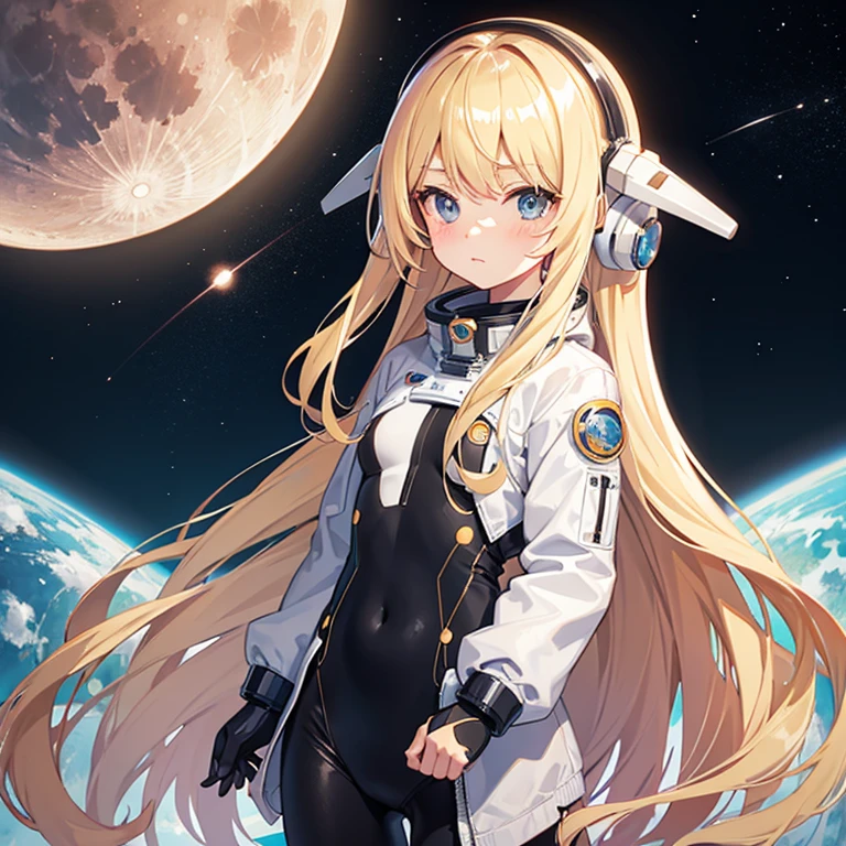 Blonde hair, girl, long hair, astronout suit, in moon planet, blush