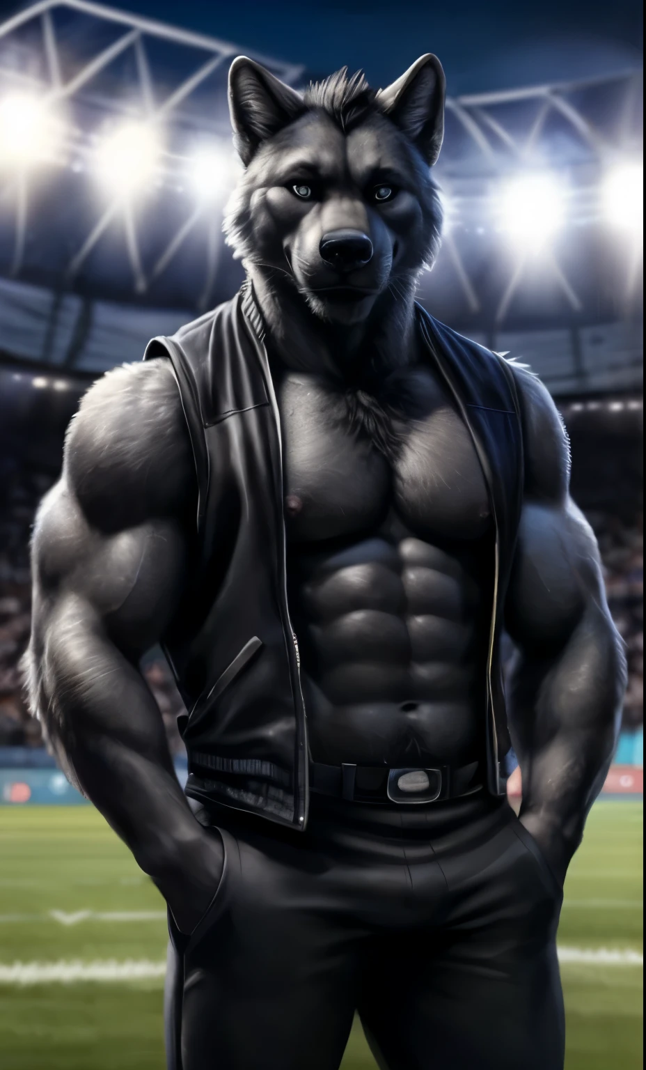 Wolf, leopard, anthro, portrait, black Mohawk, spotted fur, (((full body portrait))), (((shirtless))), (((open sport sleeveless jacket))), (((black sport sleeveless jacket))), (((light black face))), (((light blacl fur))), (((showing chest))), (((black sport pants))), (((light black body))), biceps, muscular biceps, white eyes, (((black sclera))), bodybuilder body, male, (((nipples))), solo, adult, muscular abds, abs, muscular pecs, pecs, hands in pockets, looking at viewer, front, detailed face, (big eyes), beautiful eyes, muscular face, open snout, (((stadium background))), (((seductive smug face))), by bruteandbrawn, by personalami, by kenket, (intricate, high detail, film photography, soft focus, RAW candid cinema, photorealism, realistic, photorealistic, analog style, subsurface scattering, masterpiece, best quality, ultra realistic, 8k)