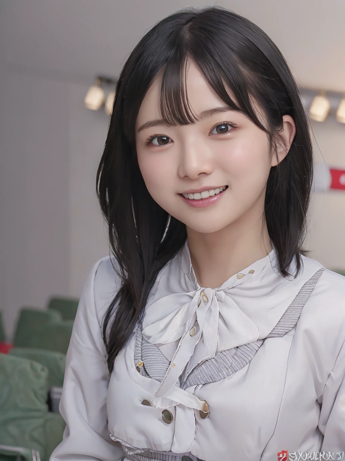 (8K,RAW Photos,highest quality,masterpiece:1.5),(Watching the audience:1.5),smile,Black Hair,(live-action:1.5),(Realistic expression:1.5),Big Breasts,Showing beautiful teeth,living,whole body