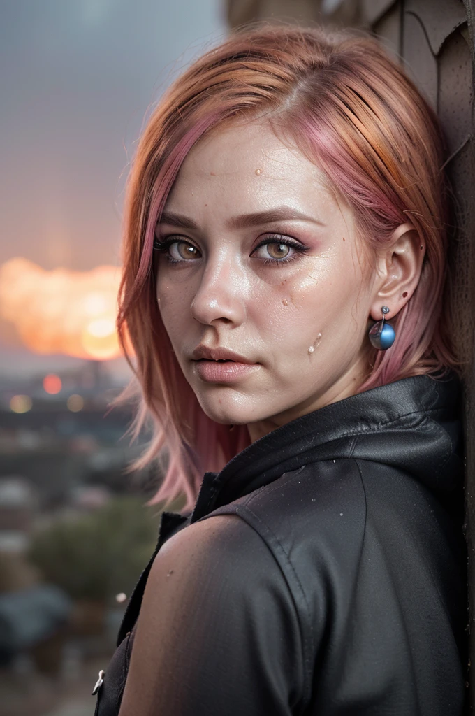 ((Best quality, 8k, Masterpiece: 1.3, realistic)), ((5120x1440)), Sharp focus: 1.2, Full body, 30 year old woman, big breasts, ((Pink hair with orange/blue highlights)), Zombie apocalypse , Pistol holster strapped to leg, Assault rifle M4 on back, Machete in left hand, Desert Eagle Pistol in Right hand, Cargo pants, Hoodie, BodyArmor, backdrop of city burning, Looking at viewer, Dark and gloomy day, raining, sunset, depth of field, (special attention to skin detail: 1.2), Detailed leather texture, skin pores. Smoky atomsphere, (pale skin), (Ultra detailed face and eyes:1.3), Adult, ((Eye makeup, pink mascara)), ((large detailed lips)) (((ultra realistic))), masterpiece, Full body, Small nose, Sharp focus: 1.2, Full body, Multiple Ear Piercings, right side stud nose piercing, big cleavage, plain skin, ((very detailed eyes, very detailed iris)), Taken with, Canon EOS 4000D DSLR Hyperrealistic, photography, skin pores, subsurface scattering, radiant light rays, high resolution, detailed facial features, high detail, sharp focus, soft, aesthetic, very detailed, award-winning charming full body shot, spooky atmosphere, Adult, looking at viewer, smoke in sky, Burning, depth of field,