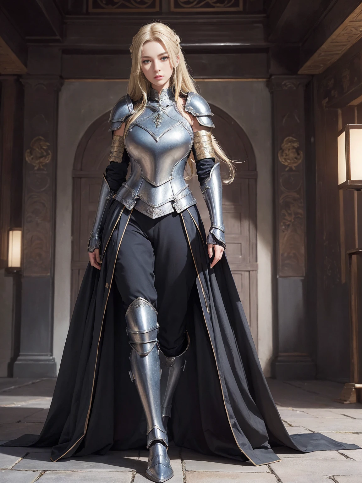 ((1 Full body single woman)) ,(Shooting from front), looking at the camera, centered image, tmasterpiece,A high resolution,Absolutely beautiful,a mature female,European warriors,Fine and detailed eyes and detailed face,Tall and tall,The blonde,She wears armor,Full coverage armor,Armor pants,Armor boots,Show armor iron boots、The armor is rich in color、Exquisite details of the armor、decor,Shogun, allure:(Tall:1.4),haughty,Mature temperament,(Wide buttock:1.4),(Thick thighs:1.4),Majesty,Rich scene detail,In the midst of the war,are standing,action