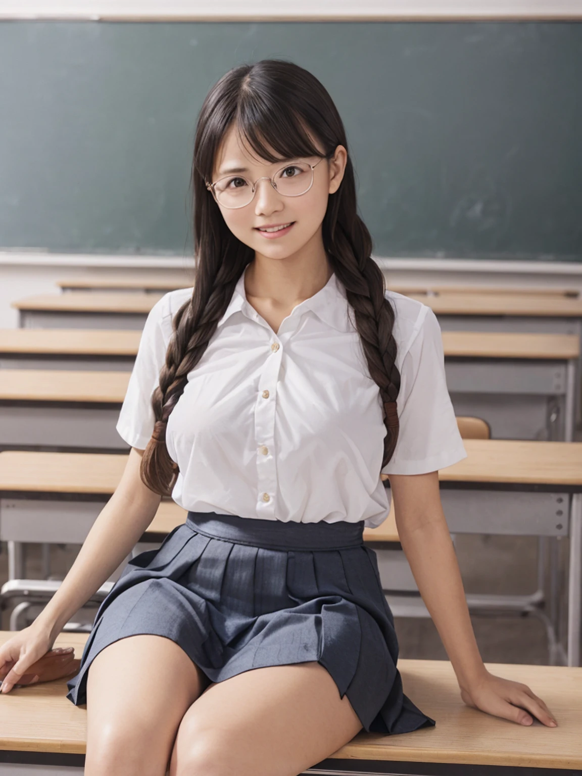 (8K,RAW Photos,highest quality,masterpiece:1.5),(Watching the audience:1.5),smile,Black Hair,(live-action:1.5),(Realistic expression:1.5),(middle School girls:1.5),(School uniform:1.5),(The background is an empty classroom:1.5),(Young face:1.5),(Big Breasts:1.5),Showing beautiful teeth,(Braid),(Glasses),((She lifts her skirt to show her vagina:1.7)),((legs wide open to the sides:1.7)),(Short:1.4),sitting on the desk