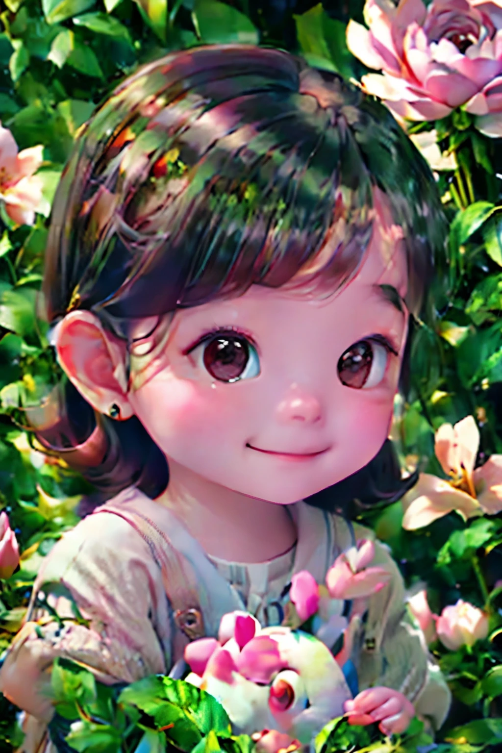 1Chibi girl smelling the scent of a rose flowers 、Jewel-like eyes、Take a super close-up shot of lips、smile