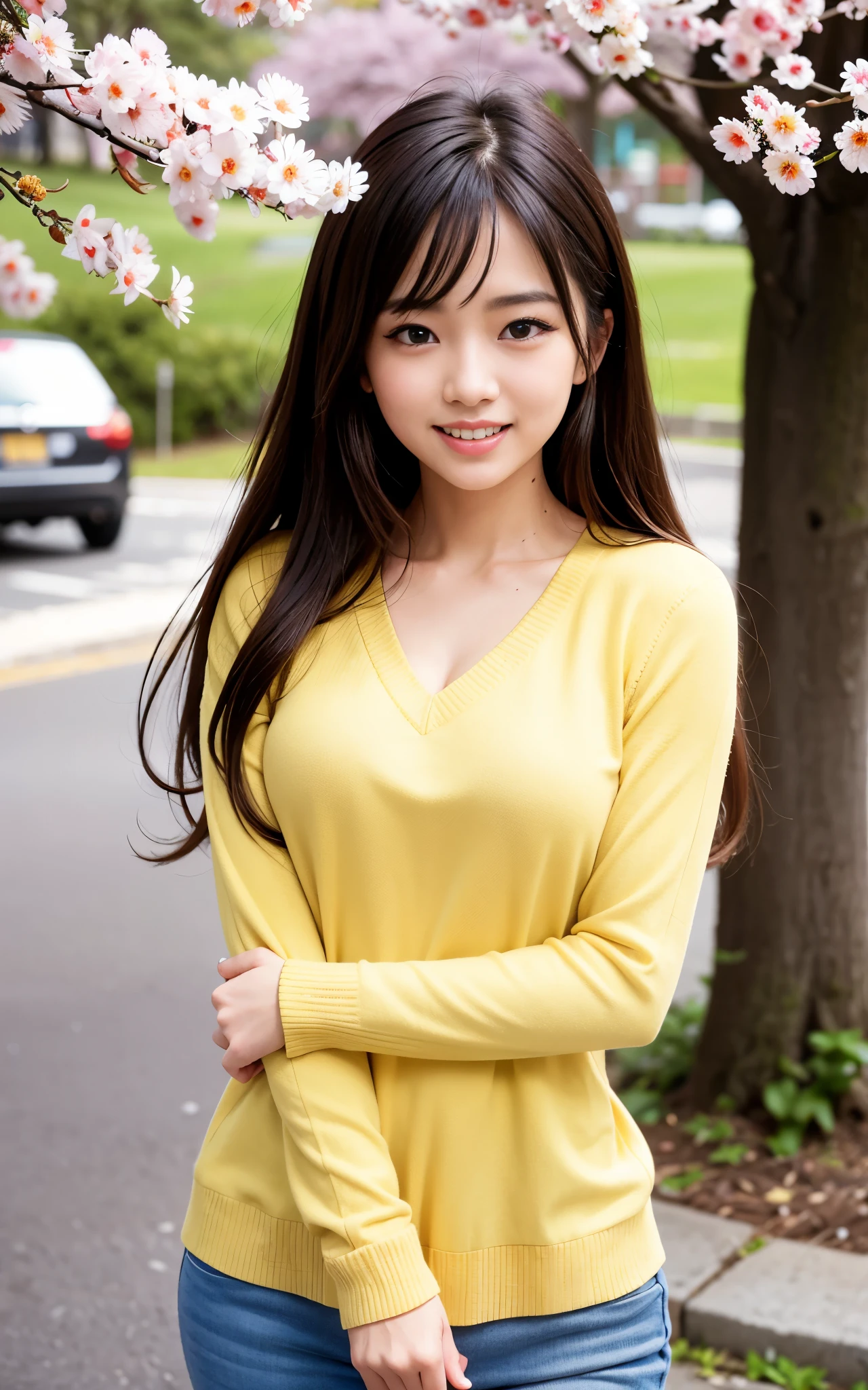 highest quality, figure, Ultra-detailed, finely, High resolution, 8K Wallpaper, 完璧なダイナミックな構figure, ((Sexy pose)), Beautiful Skin, (Big Eyes), 20 year old beautiful girl, Natural color lip, Mid chest, smile, Highly detailed face and skin texture, Detailed eyes, Double eyelid,leaking teeth and laughing, close-up, beige long hair, (Yellow Sweater:1.2), cherry blossoms