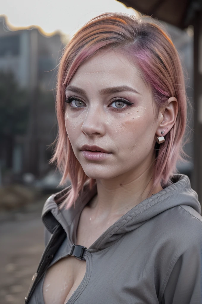 ((Best quality, 8k, Masterpiece: 1.3, realistic)), ((5120x1440)), Sharp focus: 1.2, Full body, 30 year old woman, ((Pink hair with orange/blue highlights)), Zombie apocalypse , Pistol holster strapped to leg, Assault rifle M4 on back, Machete in left hand, Desert Eagle Pistol in Right hand, Cargo pants, Hoodie, BodyArmor, backdrop of city burning, Looking at viewer, Dark and gloomy day, raining, sunset, depth of field, (special attention to skin detail: 1.2), Detailed leather texture, skin pores. Smoky atomsphere, (pale skin), (Ultra detailed face and eyes:1.3), Adult, ((Eye makeup, pink mascara)), ((large detailed lips)) (((ultra realistic))), masterpiece, Full body, Small nose, Sharp focus: 1.2, Full body, Multiple Ear Piercings, right side stud nose piercing, big cleavage, plain skin, ((very detailed eyes, very detailed iris)), Taken with, Canon EOS 4000D DSLR Hyperrealistic, photography, skin pores, subsurface scattering, radiant light rays, high resolution, detailed facial features, high detail, sharp focus, soft, aesthetic, very detailed, award-winning charming full body shot, spooky atmosphere, Adult, looking at viewer, smoke in sky, Burning, depth of field,