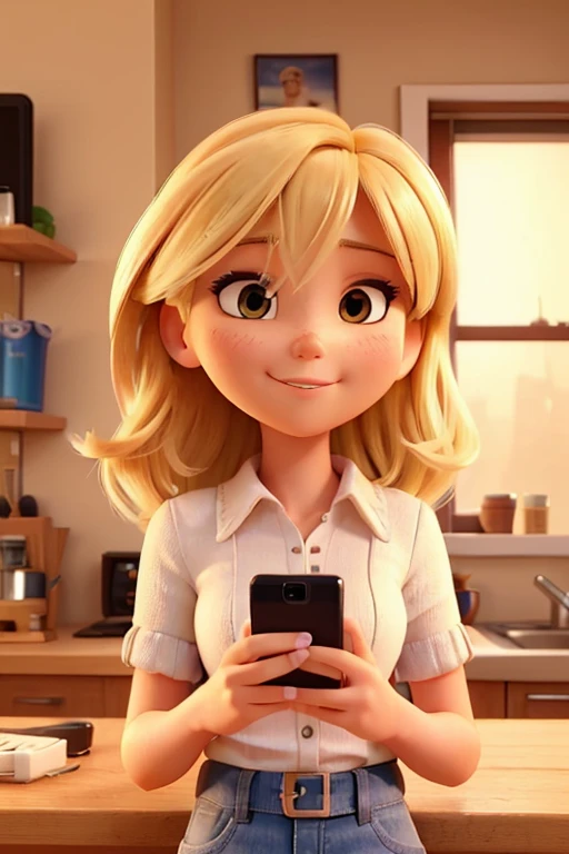 25 year old girl, blonde hair watching instagram posts on her cell phone not looking at the camera, tiene su mirada en su celular