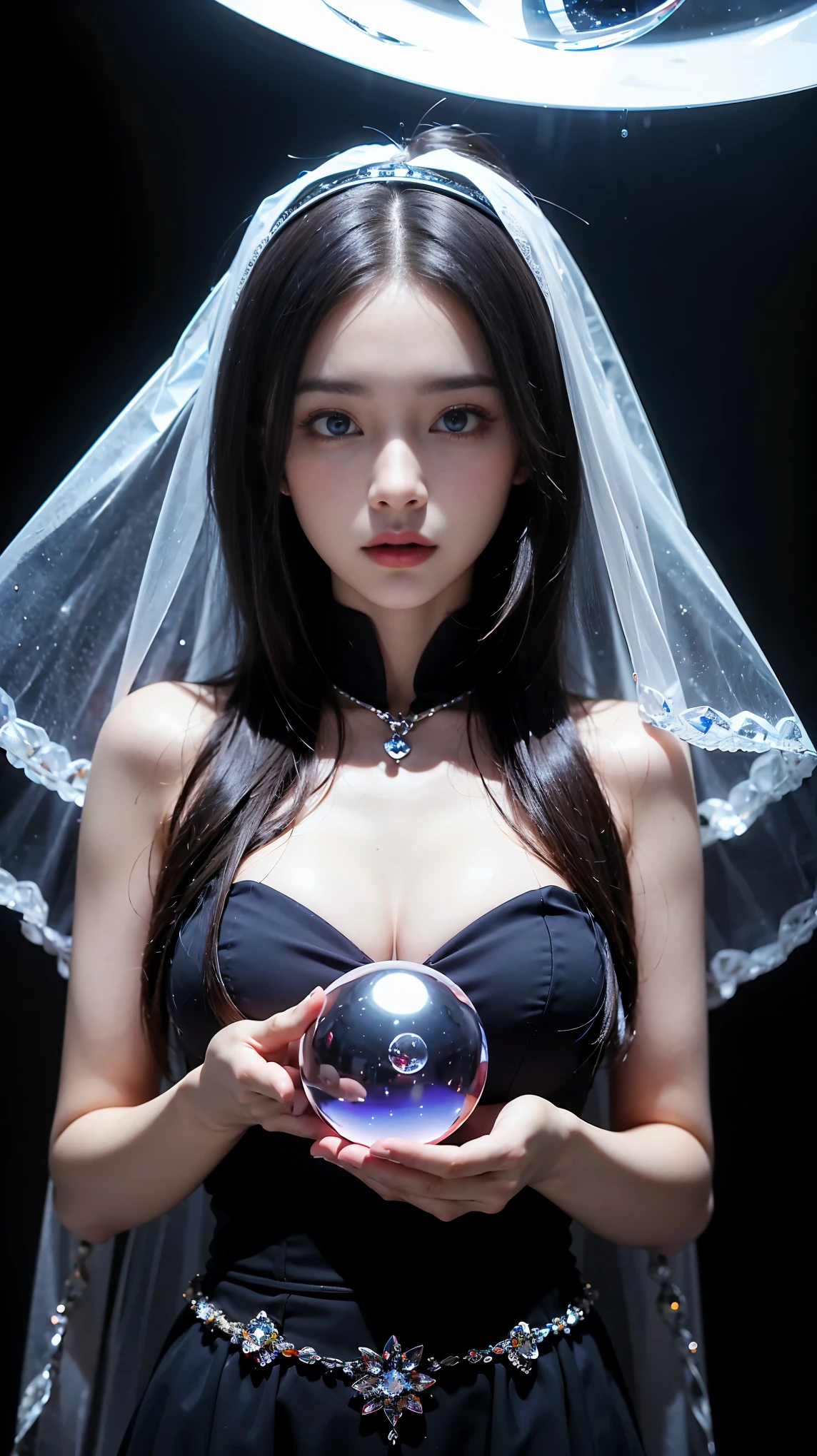 (and soul)(secondary elements)1 girl、blue hair、hair length、blue eyes、Gradient eyes、sparkling eyes、bright pupils、Finely tuned、expressive eyes、blue clothes、gem、blue lighting、blue theme、(form:1.5)、abstract、highest quality、Super detailed、(((Holding a crystal ball)))、8K,超realistic,(table top, highest quality) Daniela Dimitrescu, 1 female, looking for at Viewer, open your mouth, background, cleavage, real looking skin,jewelry, medium small breasts, looking for, Upper body, flower, wing, hood, necklace, cape, good, compensate, bug, Lipstick, Inside the Black Cave, Precious stones, pale skin, veil, hood up, realistic, black lips,超A high resolution,Purple Flame(Purple Effect)