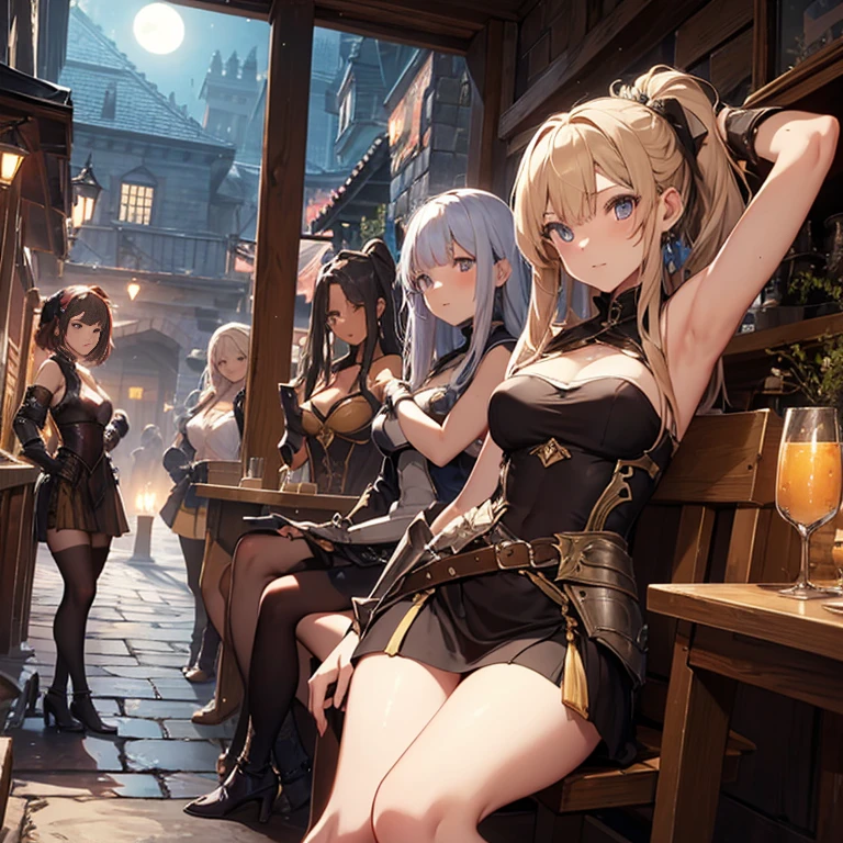 A group of  female medieval fantasy adventurers, (in tavern), various hair styles, harem, night, details face, short skirt, seducing, sleeveless, armor, armpits 