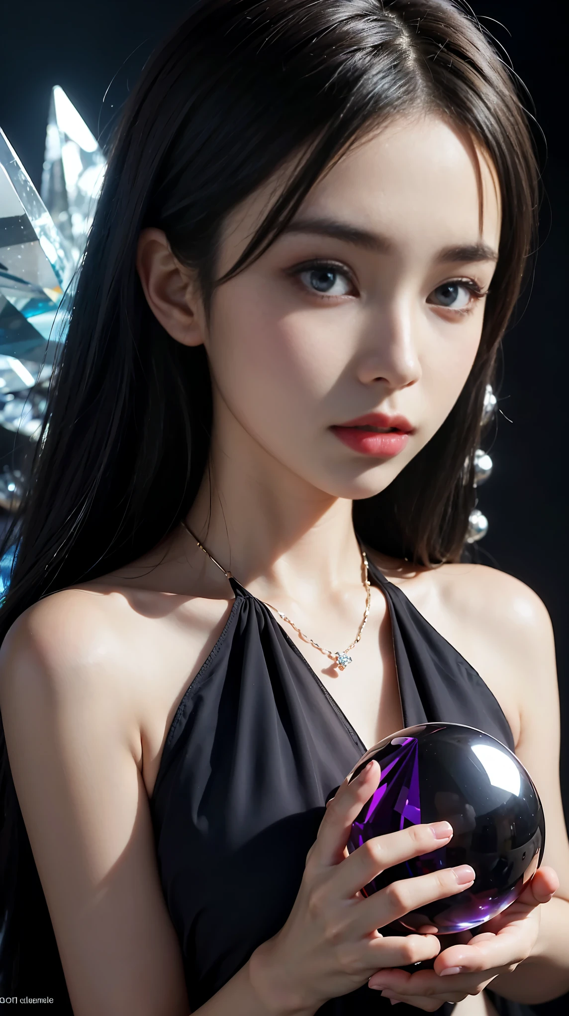 (And soul)(Secondary elements)1 girl、Blue Hair、Hair length、blue eyes、Gradient Eye、Sparkling eyes、Bright Eyes、Finely tuned、Expressive eyes、Blue clothes、gem、blue lighting、Blue Theme、(shape:1.5)、Abstract、highest quality、Very detailed、(((Have a crystal ball)))、8k,超Realistic,(Tabletop, highest quality) Daniela Dimitrescu, 1 female, looking for at Viewer, Open your mouth, background, Cleavage, real skin,jewelry, Small to medium breasts, looking for, Upper Body, flower, wing, Food, necklace, Cape, good, Compensate, bug, lipstick, Inside the Black Cave, Precious stones, Pale skin, Veil, Food up, Realistic, Black Lips,超A high resolution,Purple Flame(Purple Effect)