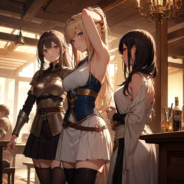 A group of  female medieval fantasy adventurers, (in tavern), various hair styles, harem, night, details face, short skirt, seducing, sleeveless, armor, armpits 