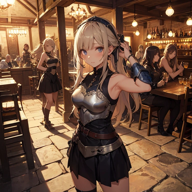 A group of female medieval fantasy adventurers, (in tavern), various hair styles, harem, night, details face, short skirt, seducing, sleeveless, armor, armpits