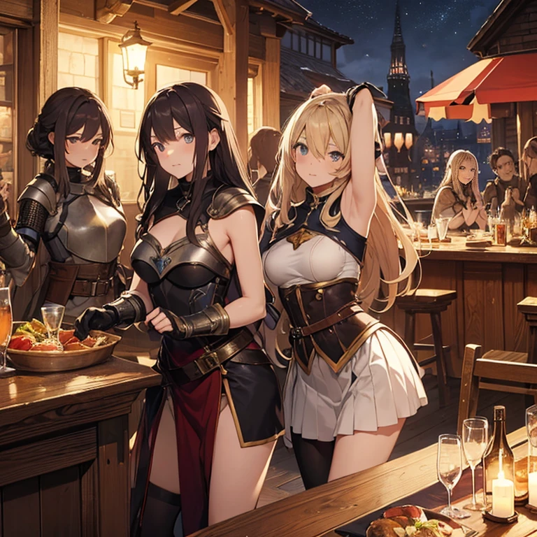 A group of female medieval fantasy adventurers, (in tavern), various hair styles, harem, night, details face, short skirt, seducing, sleeveless, armor, armpits