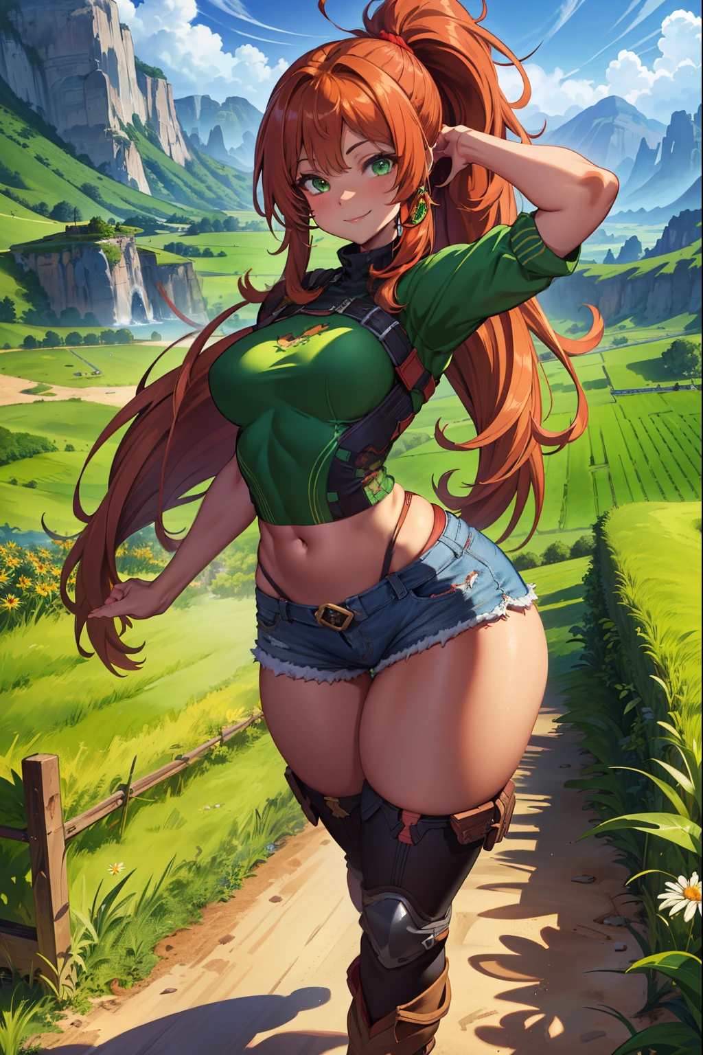 (extremely detailed CG unity 4k wallpaper),(masterpiece),(best quality),(ultra-detailed),(best illustration),(best shadow),(absurdres),(detailed background), Red long hair (Ponytail), green eyes, Daisy dukes, Smiling, Boots, Farm, wide hips, big ass, thick thighs, small breasts, toned body,