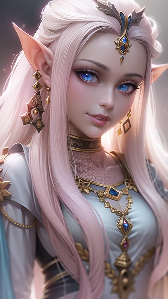 RAW, professional photograph, medium shot, photorealistic, hyper-realistic, ray tracing, super detail, UHD, 8k, female elf, twenty years old, goddess, gold jewelry, athletic body, soft facial features, long hair, straight hair, light pink hair, blue eyes, gothic style, dark Castle, gothic architecture