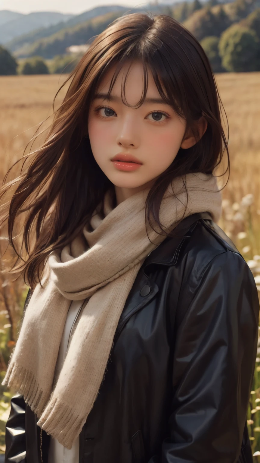 8k, best quality, masterpiece, realistic, ultra detail, photo realistic, Increase quality,
a photo of a girl standing in a field with a scarf, in the style of dark and brooding designer, voluminous mass, photobash, serene faces, jagged edges, navy, natural beauty, close-up shot