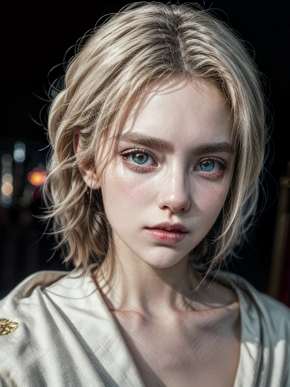 masterpiece，Best quality at best，A high resolution，8K，((Portrait))，(Head close-up)，Original photo，real photograph，digital photography，(Female adventurers in the medieval fantasy style)，(The Magician of the Fantasy World)，18-year-old girl，(Hair gradients of black and red)，Short white hair，Red eyes，(White and blue gradient short hair，The white)，(Big breasts)，An extravagant ornament，cparted lips，Keep your mouth shuegant and charming，((Devil's Eye))，Serious and arrogant，Calm and handsome，(Gorgeous robes of a wizard，Robe，The Magic Badge，A delicate pattern)，Bare shoulder，((A slender figure))，Photo pose，medieval characteredieval fantasy style，City background at night，oc render reflection texture