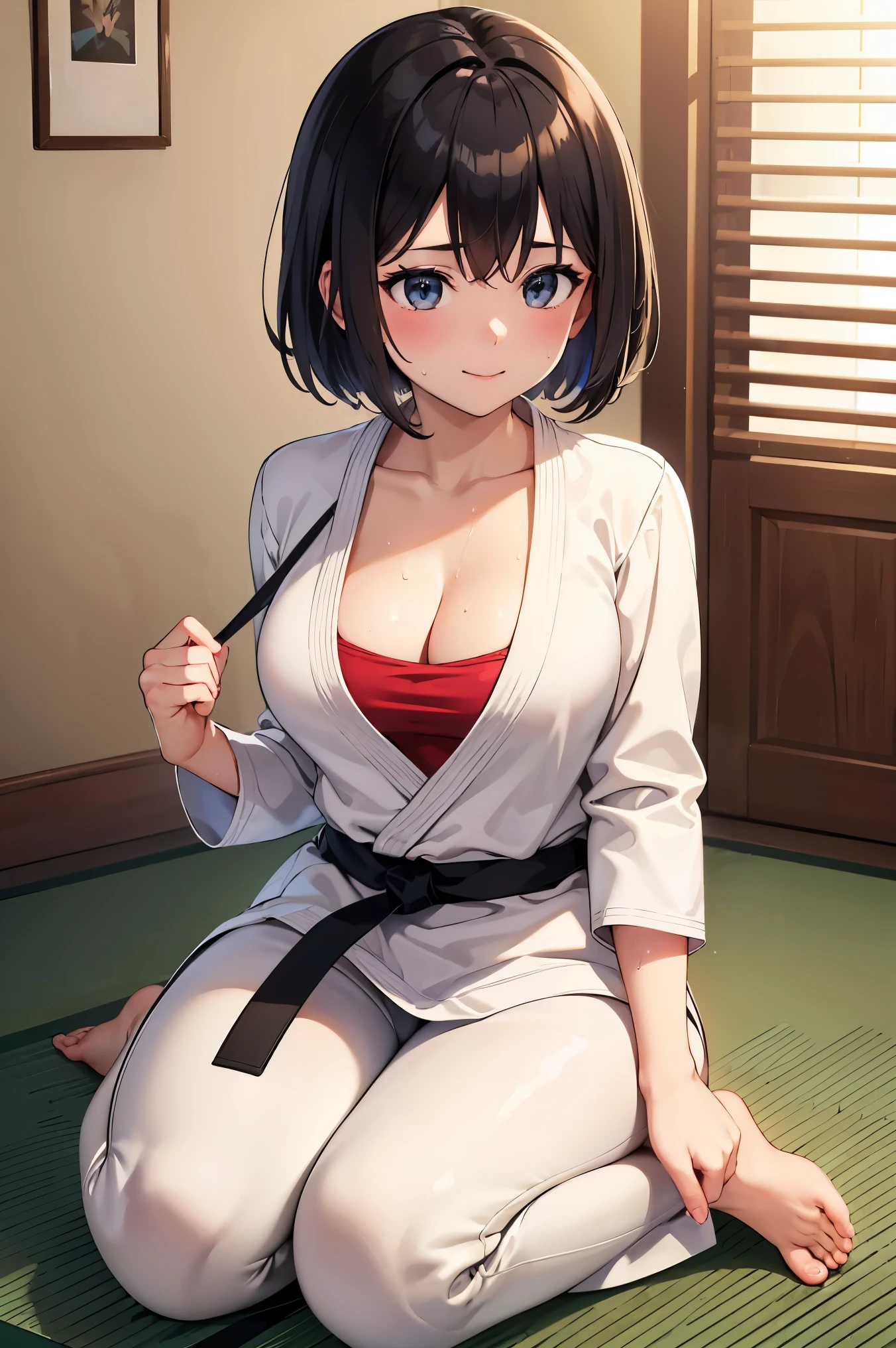 ((masterpiece, highest quality, Very detailed, Very nice 8K CG wallpaper)), 1人の性欲がstrong女の子, alone, Large Breasts, Medium Hair, Black Hair, Bob, Iris, dougi, Long sleeve, Martial arts belt, White pants, I can see her cleavage,barefoot, dojo, Sitting, seiza, Nice hands, Perfect hands,Sweaty,Sexy,strong,Erotic body,Sexy笑み,teasing,Smile,I'm sweating a lot.,Sweaty,nice buddy