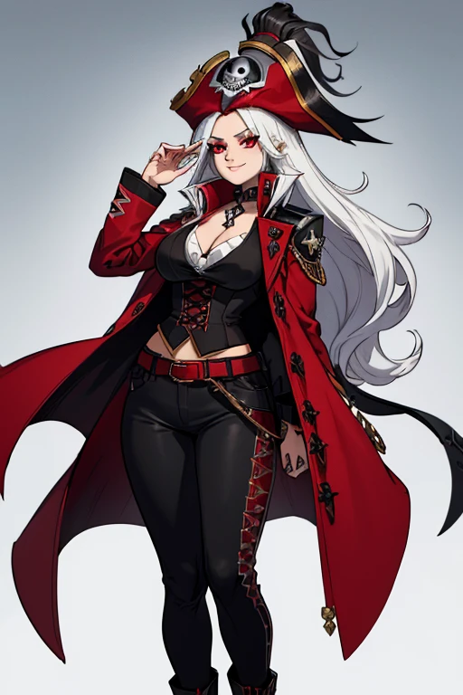 female, silver long hair with black highlights, red eyes, (((1girl))), (((red pirate coat with black accents))), (white pirate blouse), (black vest), (black pirate boots), (brown pants), (red pirate hat with white feather and black trim), cute and sexy, large breasts, large butt, full body, long legs, smiling