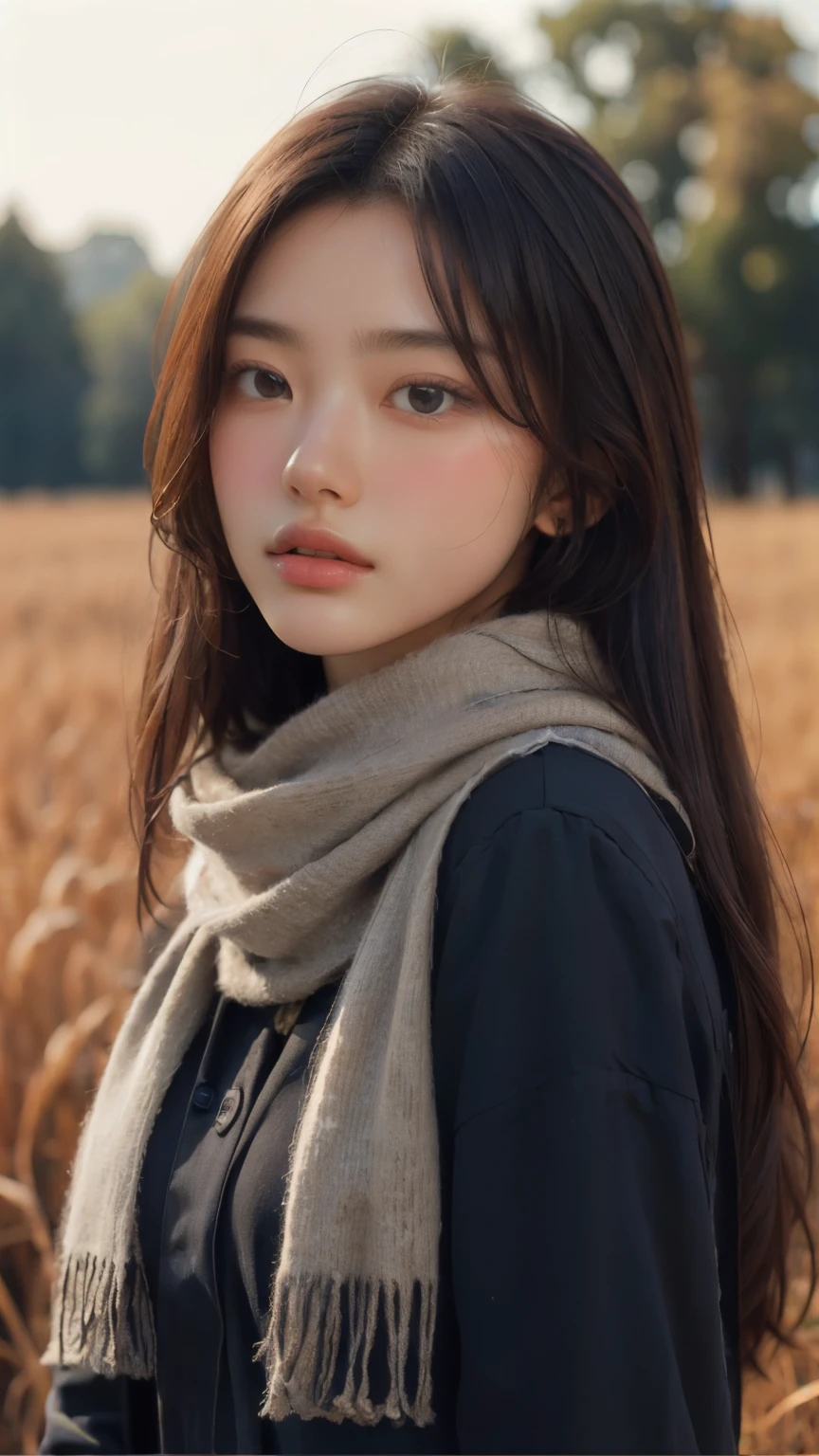 8k, best quality, masterpiece, realistic, ultra detail, photo realistic, Increase quality, 
a photo of a girl standing in a field with a scarf, in the style of dark and brooding designer, voluminous mass, photobash, serene faces, jagged edges, navy, natural beauty, close-up shot
