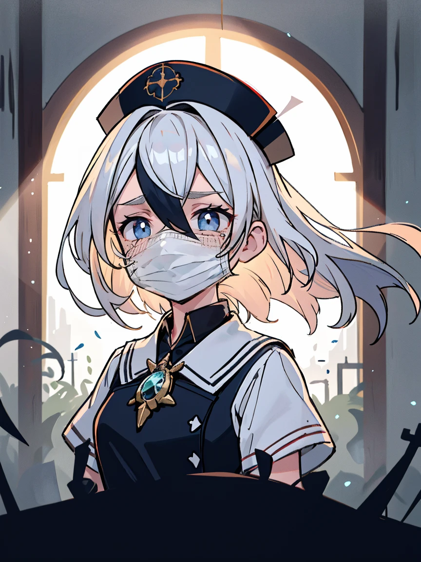 melhor qualidade, obra de arte, (realista:1.2), frente, 1 garota, , (Silhouette Lighting:1.5), Sobbing, cabelo coque castanho claro com franja, Fantasia de enfermeira branca, white nurse's cap, white gloves and mask, olhos azuis, rosto detalhado, Olhos lindos, Medium chest, (Wariza:1.3), de cima, no quarto do hospital