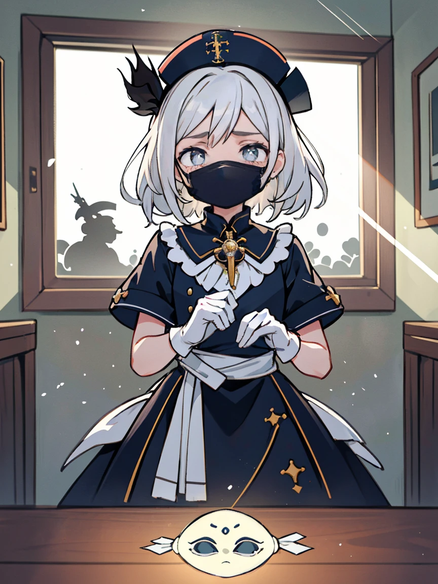 melhor qualidade, obra de arte, (realista:1.2), frente, 1 garota, 14 anos, (Silhouette Lighting:1.5), Sobbing, cabelo coque castanho claro com franja, Fantasia de enfermeira branca, white nurse's cap, white gloves and mask, olhos azuis, rosto detalhado, Olhos lindos, Medium chest, (Wariza:1.3), de cima, no quarto do hospital