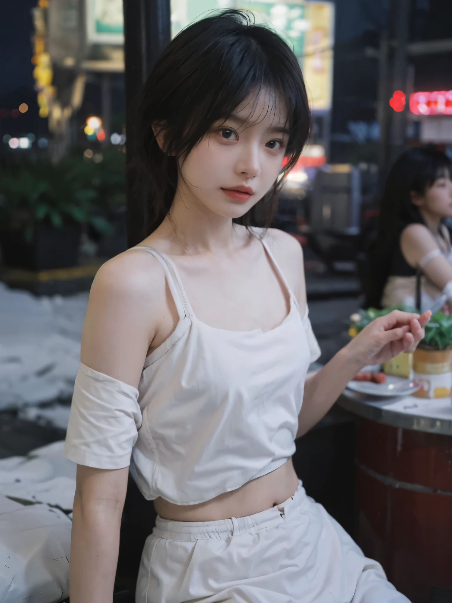 best quality， ultra high resolution， Night Sky，（Upper body：1.4）（realistically：1.4）， 2个girl， gold short sleeves，twin，A pair of eyes as clear as snow,Royal sister，girl，looking at the audience， close up ，Thin string bikini,Small breasts,Are thin,the waist is small,small butt,Shoulder exposed,Navel exposed,Pink silver hair,Short Bob Hair,Prostitute,Waiting for customers,