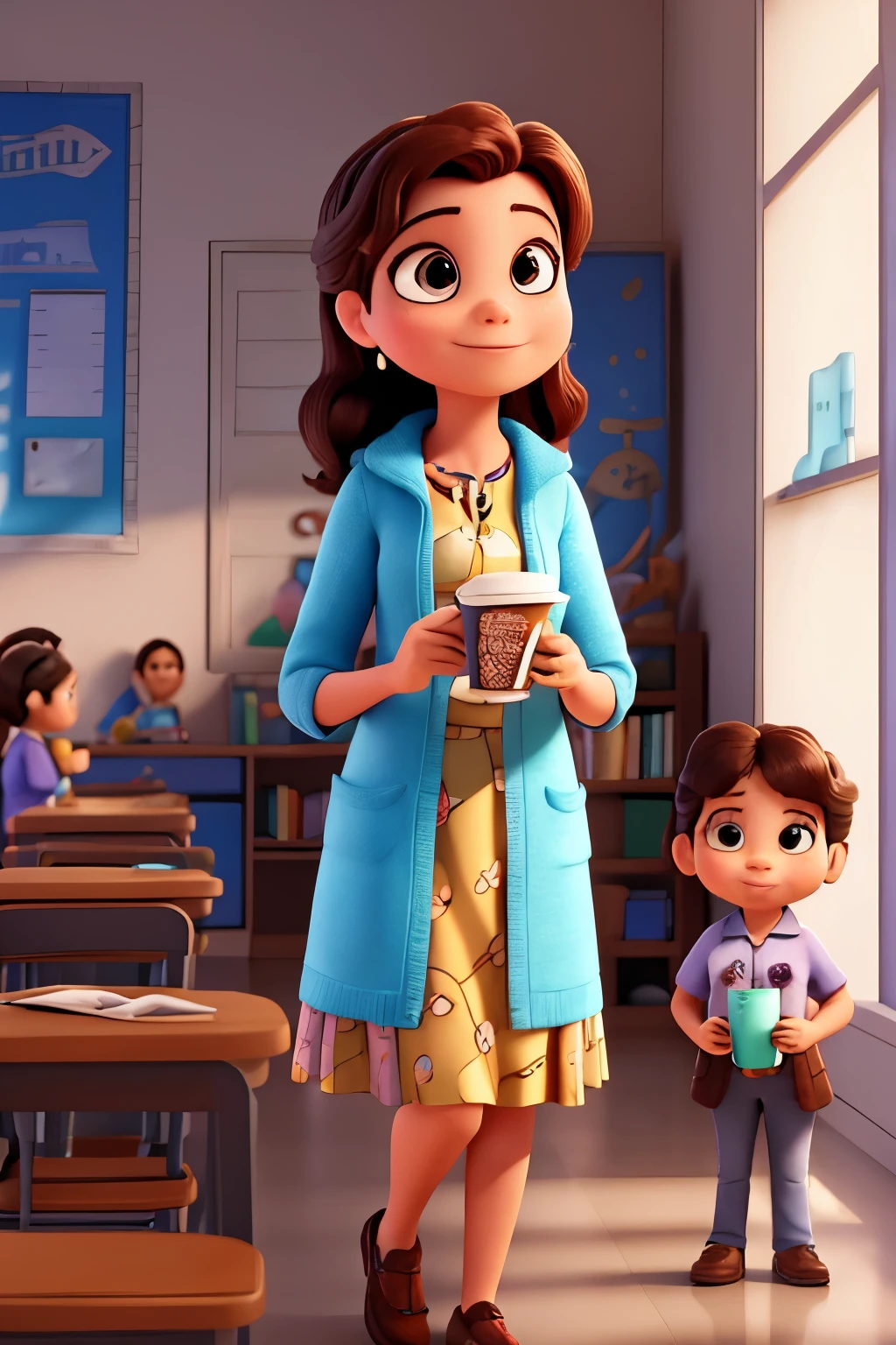 Usando o modelo Disney Pixar, crie duas professoras convesando em primeiro plano, and children aged 7 to 12, e diversas etinias, chegando na escola. Dia ensolarado e bonito. Uma das professoras ruiva, with cup of coffee in hand.