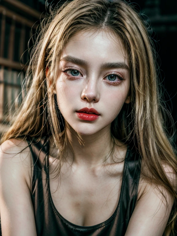 masterpiece,Best quality at best,A high resolution,8K,((Portrait)), an android 18, thick lips,red lips,light open her mouth,black tank top
