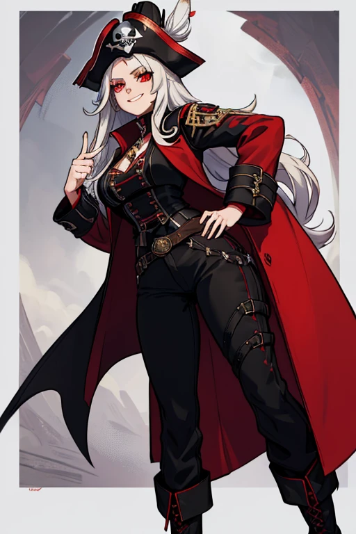 female, silver long hair with black highlights, red eyes, (((1girl))), (((red pirate coat with black accents))), (white pirate blouse), (black vest), (black pirate boots), (brown pants), (red pirate hat with white feather and black trim), cute and sexy, large breasts, large butt, full body, long legs, smiling