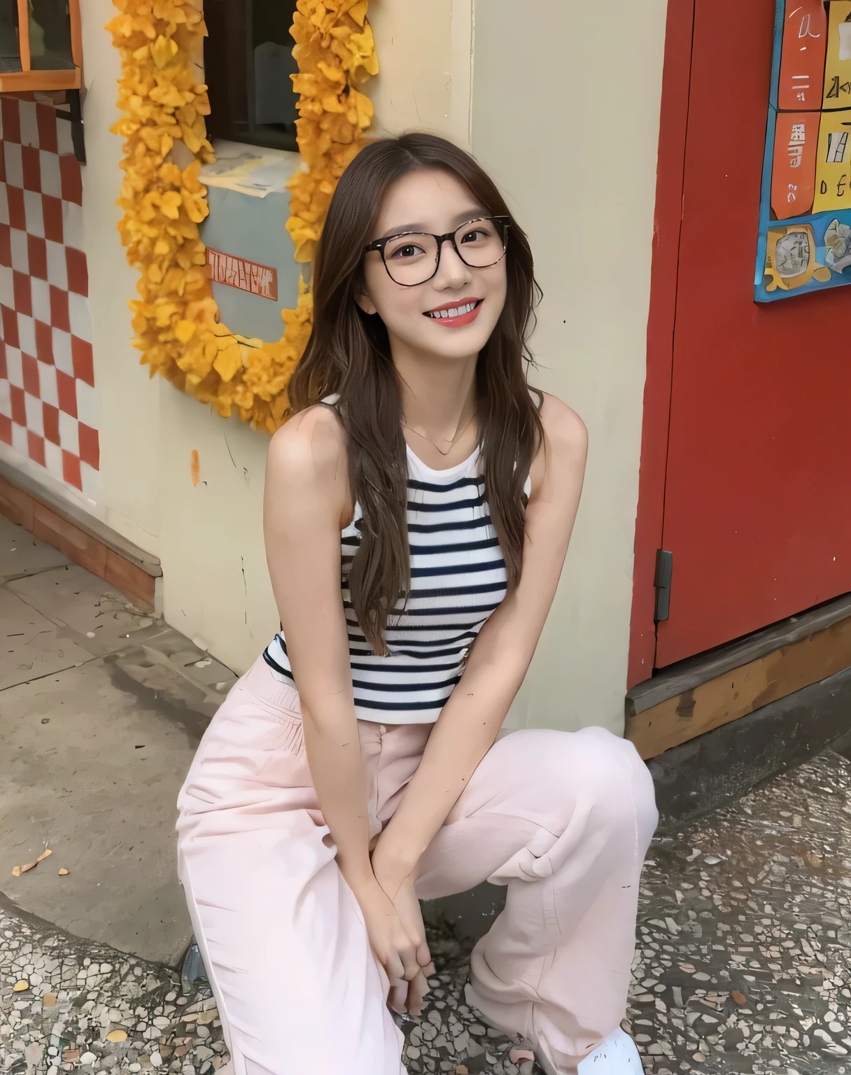 (on the table, best quality, Realistically, Ultra Detailed, meticulous, high resolution, 8k wallpaper), Close-up portrait of a beautiful woman, like, Smile, Light brown messy hair, Perfect dynamic composition, beautiful meticulous eyes, Just like the cover of a fashion magazine, On Campus