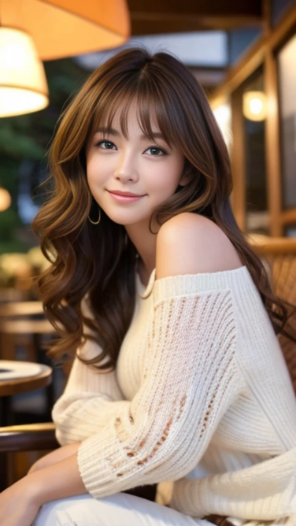 highest quality,masterpiece,超A high resolution,RAW Photos,One Girl,Loose perm hair、length、brown hair、Arms crossed、Japanese、Loose perm hair、length、brown hair、smile、Arms crossed、Professional photography、Same skin type as humans、A woman dressed in Japan from head to toe、Blur the background、Anatomical accuracy、Very detailed and beautiful、Ultra HD、length、Her hair is flowing and sexy、Very detailed beautiful girl、Shoulder-length hair、sweater、Cafe、Cafeデート.white pants style