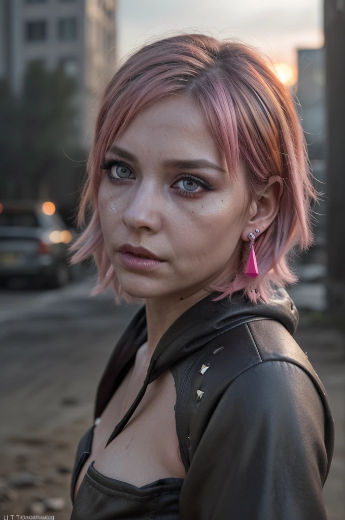 ((Best quality, 8k, Masterpiece: 1.3, realistic)), ((5120x1440)), Sharp focus: 1.2, 30 year old woman, ((Pink hair with orange/blue highlights)), Zombie apocalypse , Pistol holster strapped to leg, Assault rifle M4 on back, Machete in left hand, Desert Eagle Pistol in Right hand, Cargo pants, Hoodie, BodyArmor, backdrop of city burning, Looking at viewer, Dark and gloomy day, raining, sunset, depth of field, Detailed leather texture, Smoky atomsphere, (pale skin), (Ultra detailed face and eyes:1.3), Adult, ((Eye makeup, pink mascara)), ((large detailed lips)) (((ultra realistic))), masterpiece, Full body, Small nose, Sharp focus: 1.2, Full body, Multiple Ear Piercings, right side stud nose piercing, big cleavage, plain skin, ((very detailed eyes, very detailed iris)), Taken with, Canon EOS 4000D DSLR Hyperrealistic, photography, subsurface scattering, radiant light rays, high resolution, detailed facial features, high detail, sharp focus, soft, aesthetic, very detailed, spooky atmosphere, looking at viewer, smoke in sky, Burning, depth of field,