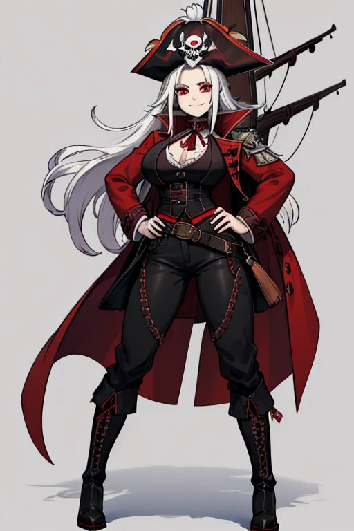 female, silver long hair with black highlights, red eyes, (((1girl))), (((red pirate coat with black accents))), (white pirate blouse), (black vest), (black pirate boots), (brown pants), (red pirate hat with white feather and black trim), cute and sexy, large breasts, large butt, full body, long legs, smiling