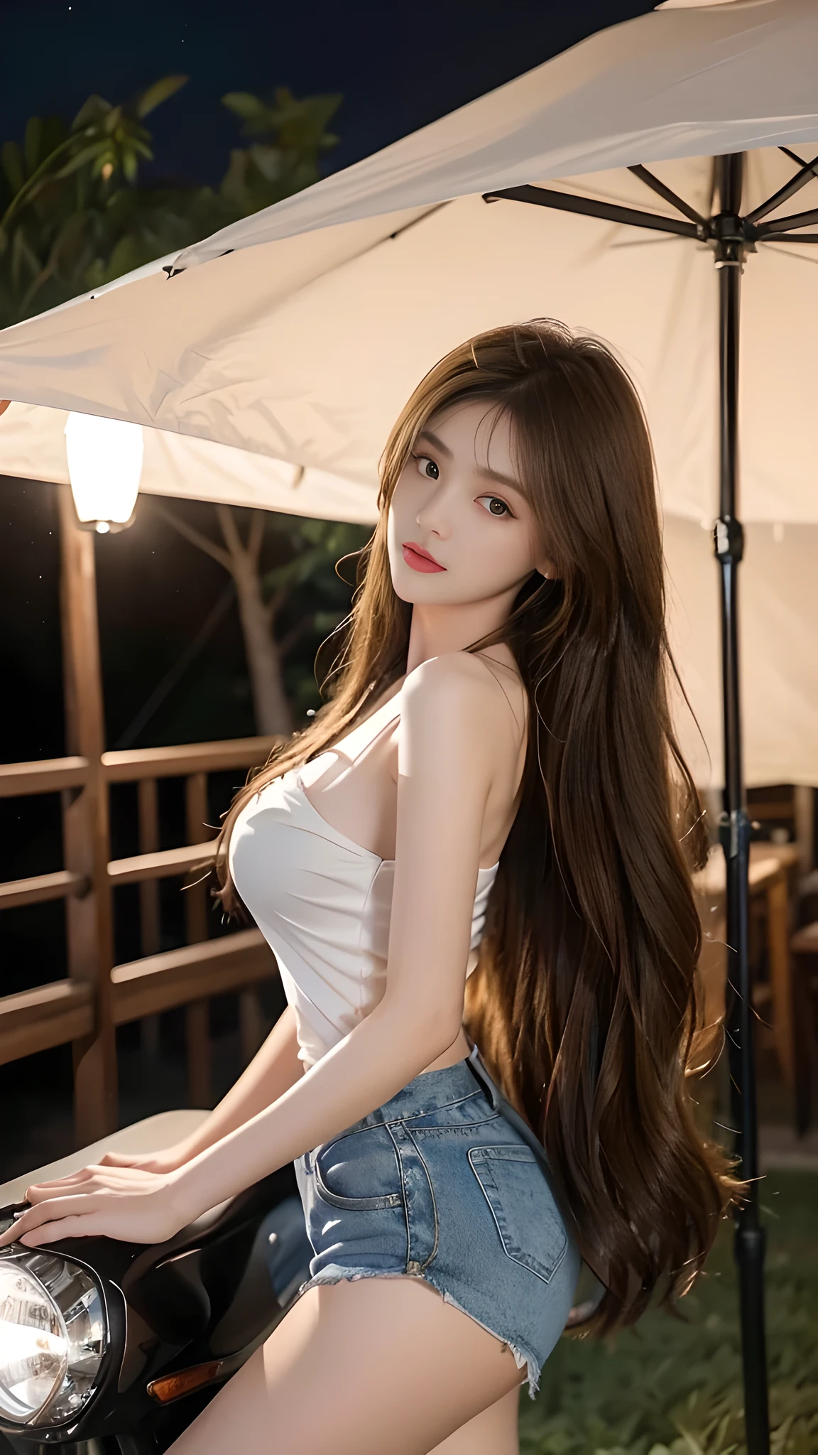 full hd 8k, Girl standing in front of a dark night scene, full moonlight reflecting on her beautiful face. Her long, silky hair was gently blown by the night wind, creating a gentle and romantic feeling. Next to her is a large displacement motorbike, showing her success and class. She looked up at the starry sky, as if searching for something, her eyes showing thoughtfulness and loneliness. The full moon shines in the night sky creating a beautiful scene. The girl has long, silky hair, creating a luxurious and noble beauty. The moonlight shines on the girl's delicate face, highlighting her large, round light brown eyes, creating a natural, gentle beauty. She wore a shirt and short jeans, showing off her seductive and luxurious beauty. Her plumble breasts were exposed, revealing her plumble and extremely sexy breasts. These images capture detailed panoramic portraits and views of the sky and motorcycles. All create a beautiful, wonderful picture that makes people unable to take their eyes off the scene. All of these details are depicted clearly and sharply, creating sexy poses.