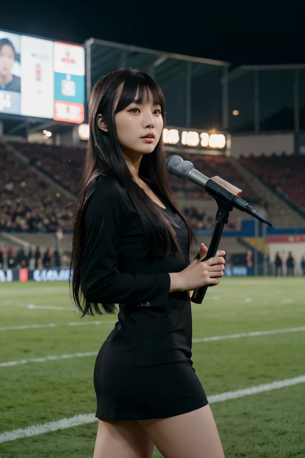 Korean woman being interviewed after a football match, long black hair, eyebags, standing in a football pitch,being interviewed, young face, one piece long black dress , straight fringe hair, straight bangs, talking to the microphone, elegant dress, talking to the microphone that is being pointed towads her, young face, no aging marks