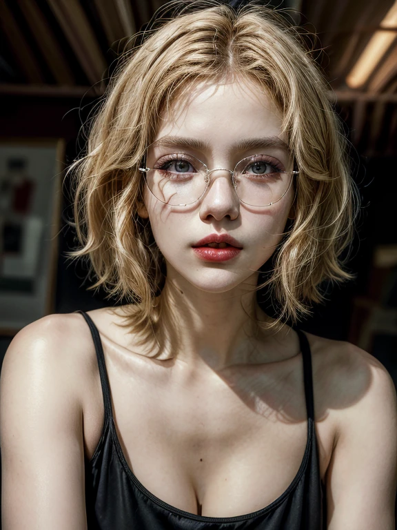 1 girl, blonde hair, short hair, updo hair, Brazil national team shirt, round eyewear, glasses, library, green eyes, solo, leaning towards viewer, round breast, black eyeliner