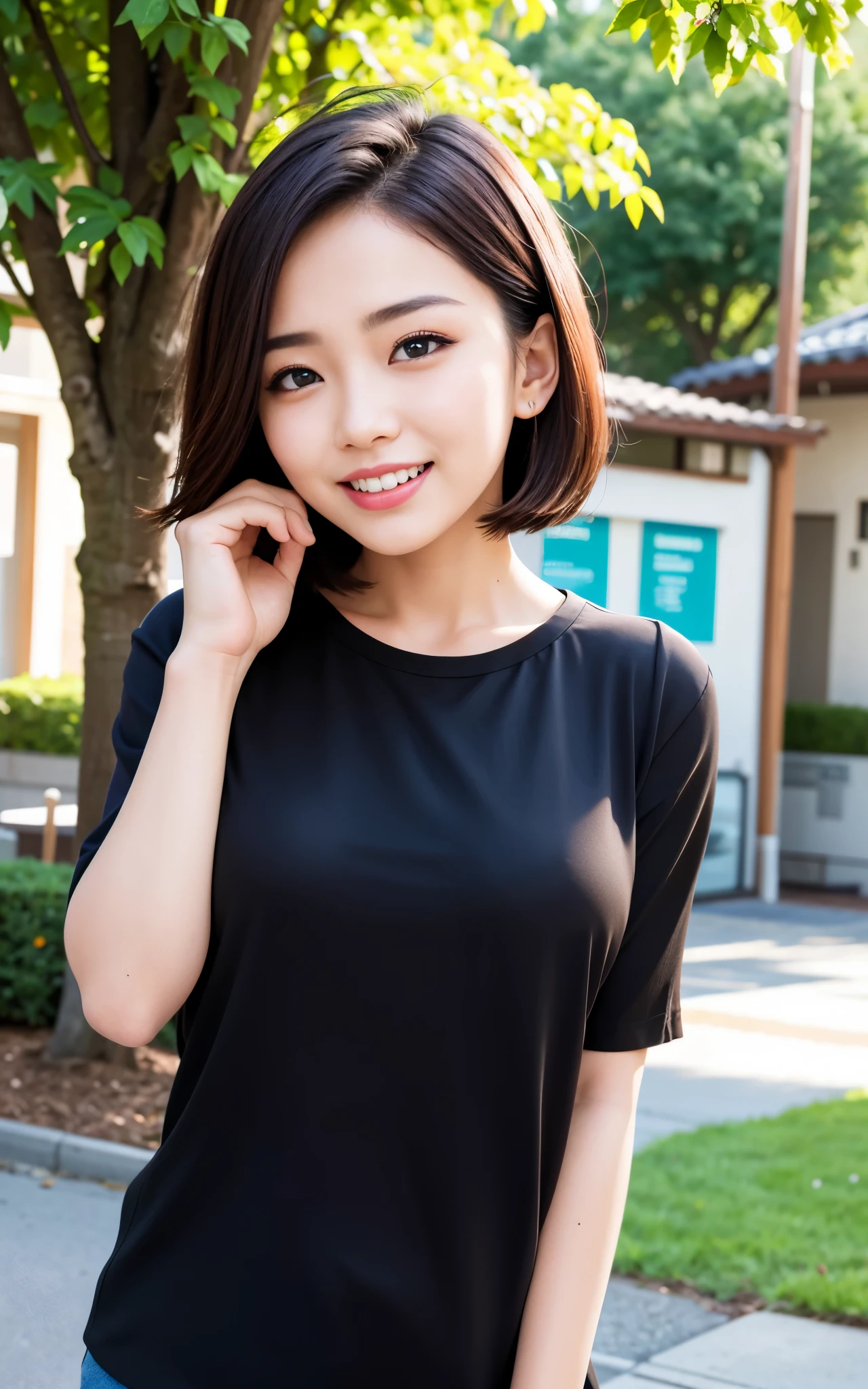 highest quality, figure, Ultra-detailed, finely, High resolution, 8K Wallpaper, 完璧なダイナミックな構figure, ((Sexy pose)), Beautiful Skin, (Big Eyes), 20 year old beautiful girl, Natural color lip, Mid chest, smile, Highly detailed face and skin texture, Detailed eyes, Double eyelid,leaking teeth and laughing, close-up, profile, Brown short hair, (Black blouse:1.2), Tree-lined street