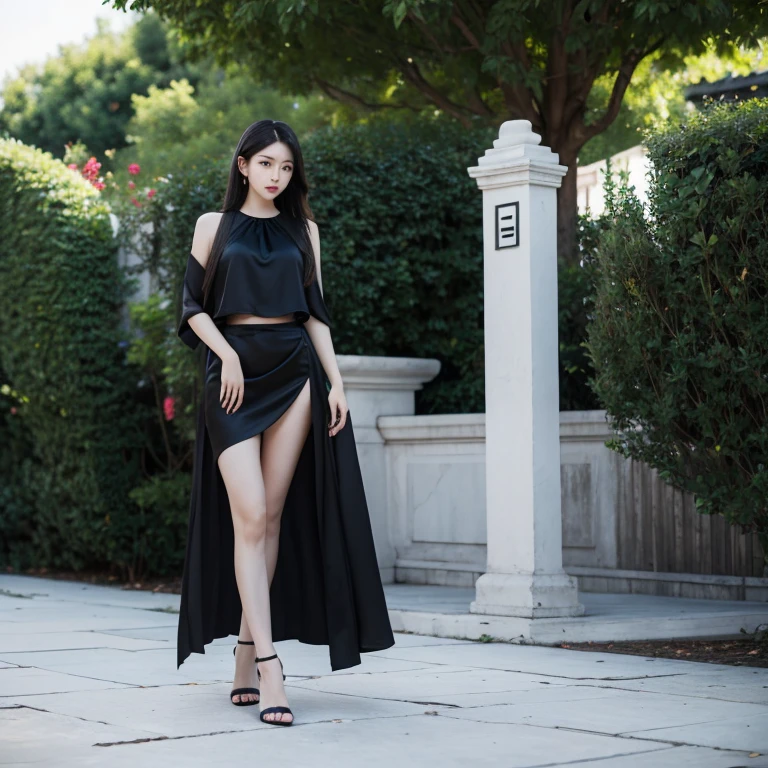 Black silk sister standing front perfect face long legs perfect figure white skin beautiful outdoor background single