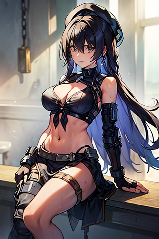 (Thynasha:1.2),dark blue hair,very long hair, purple eyes,(beautiful detailed eyes:1.0), extremely detailed face, perfect lighting, hair between eyes,bangs, (black beret, black jacket, open clothes, cleavage, midriff, black medium skirts, black thighhighs, thigh strap, fingerless gloves, single glove:1.2), Photo,sharpness, F1.6 lens,hyper-realistic textures,spectacular light textures, Cinestil 800 Fashion Mechanics,(((Beautiful woman with left leg restrained by chains))),Appearance,Beautiful girl with accentuated slender abs: 1.1,six-pack abs: 1.1, Bust Botox,Standing on tiptoe, long legs,Long brown hair fluttering in the wind,Brown hair, Long hair, Female Warrior Costume,(No panties,No bra),(tacticul battle fashion,elbow and knee tacticul battle fashion, battle glove: 1.1),((cute batre costume)),The belly comes out and the navel is visible,Thin sheer costume, combat gloves,shredded costumes,cyber long combat boots with golden knee pads,Anatomical,(futuristic sci-fi battle fashion, new elbow and knee cyberpads, new cyberlong boots, new cybergloves: 1.1),(tied perfectly by iron chain:1.3), Restraint, Slave, collars, contempt, (Chained), 4 chains hung from heaven, Metallic shackles and fetters, wet crotch clearly visible,((Hands are restrained above the head)), the neck is chained,Chain from left knee to heaven,Chained by rusty iron chains,((the tip is protruding, areolas protruding,The shape of the pubic harearea is clearly visible:0.9)),Sweating,Wet,Wet crotch,Wet thighs,Junkyard, Realistic, (cute, perfect clothes, skimpy clothes, cute: 1.3) ,Vast miritary base in us,((wide mirtary hospital with summer sunlight)), peeling ceilings, Rebar between, Realistic material details, Extreme details, Ultra-realistic materials,narrow waist,(with sparkling eyes and a contagious smile:0.9),looking at viewer,
