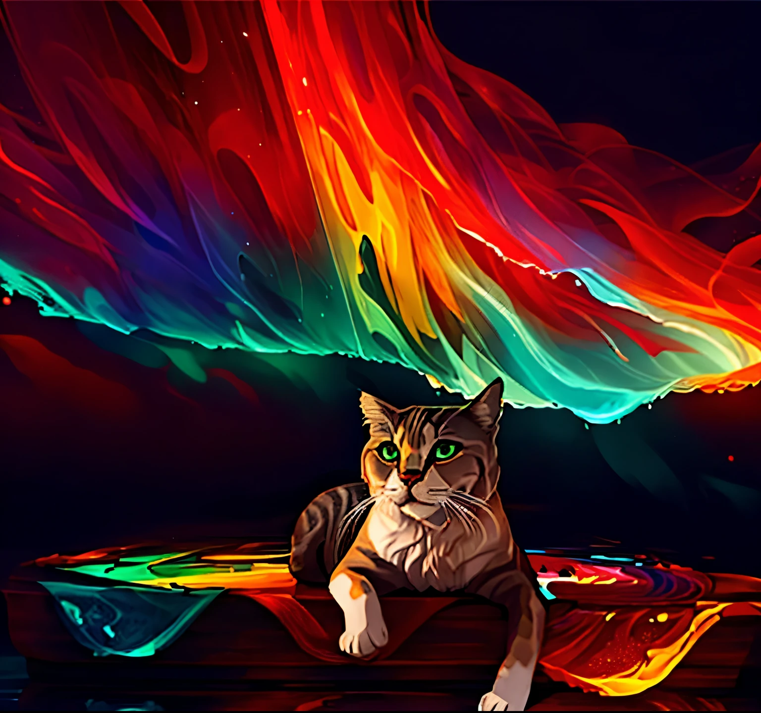 lindo gato, retrato, iluminar desde el fondo, Abstracto, pintura, ethereal, liquid, Abstracto, obra maestra , muy detallado, mejor calidad, of the highest quality, Realistic lighting, hiperdetallado, hiperrealismo, cores, vistoso,