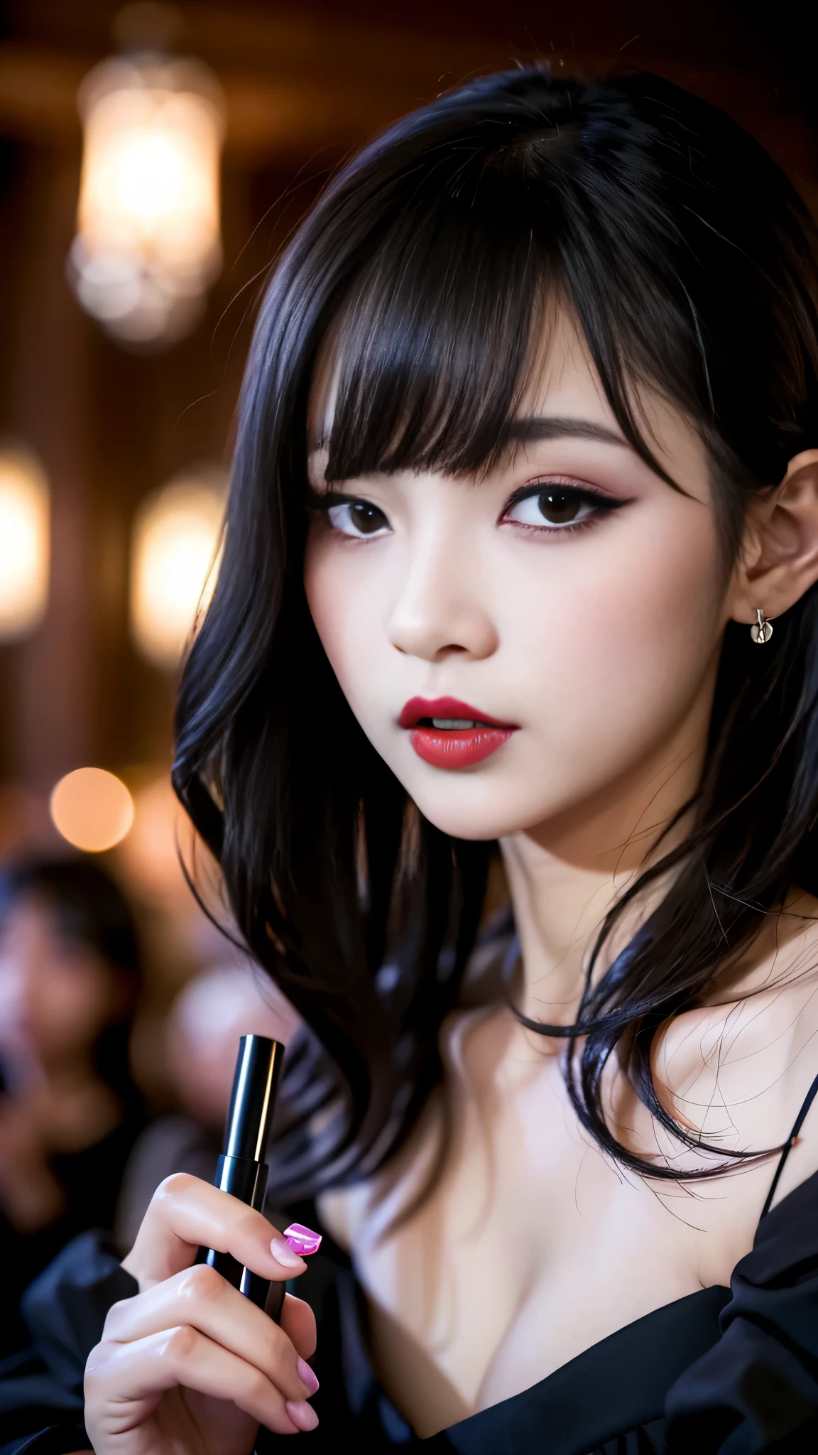 tra-detailed、Japanese、Seductive beauty、seductive adult woman、Pretty Woman、cool girl、brown hair、wavy hair、swept bangs、piercing eyes、hollow eyes、half-closed eyes、Hollow Eyes、Purple Eyeshadow、black lipstick、black lip gloss、dark makeup、smirk、Whisper in my ear、Evil expression、Long Black Cheongsam、Black wide sleeves、Evil cadres、Fallen into evil、brainwash、mind control、evil、Church at night、Have lipstick