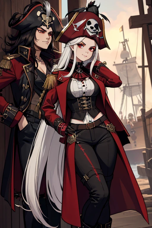 female, silver long hair with black highlights, red eyes, (((1girl))), (((red pirate coat with black accents))), (white pirate blouse), (black vest), (black pirate boots), (brown pants), (red pirate hat with white feather and black trim), cute and sexy, large breasts, large butt, full body, long legs, smiling