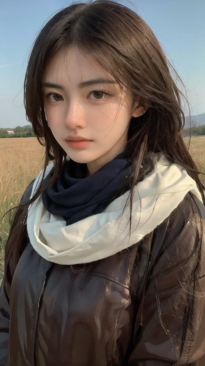 8k, best quality, masterpiece, realistic, ultra detail, photo realistic, Increase quality,
a photo of a girl standing in a field with a scarf, in the style of dark and brooding designer, voluminous mass, photobash, serene faces, jagged edges, navy, natural beauty, close-up shot